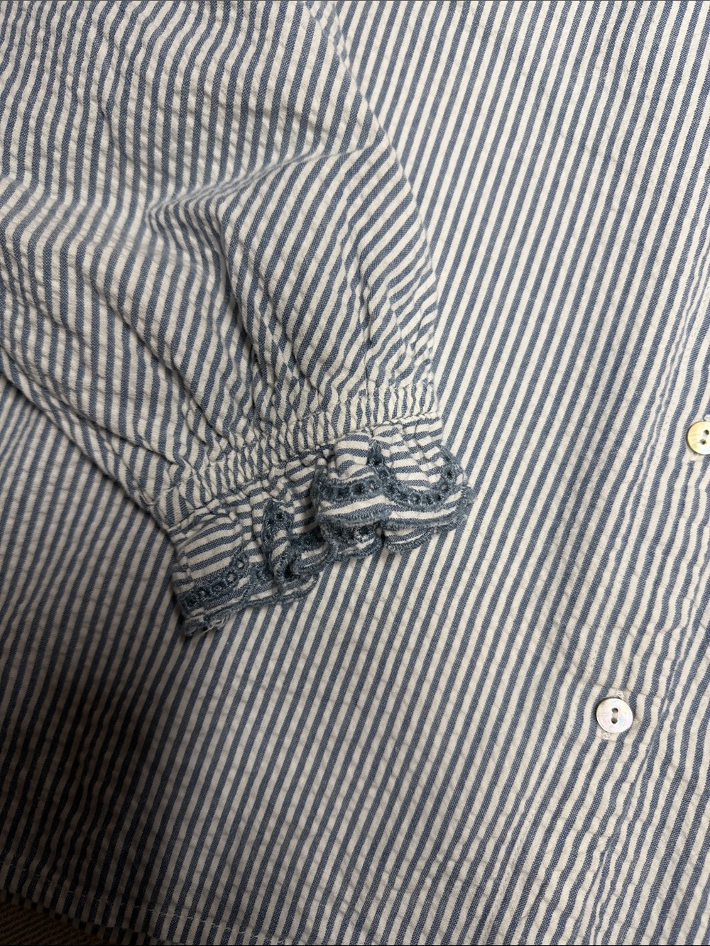 ba&sh Blue & White Striped Ruffle-Neck Button-Down Shirt. 0120 - Picture 7 of 10